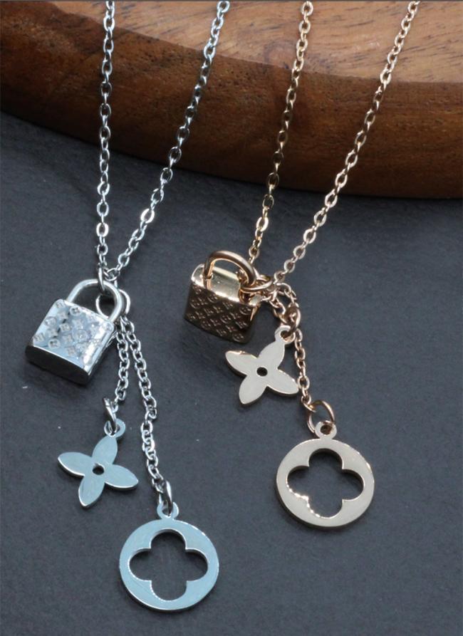 Set Of 2 Pair Clover And Lock Charm Necklace